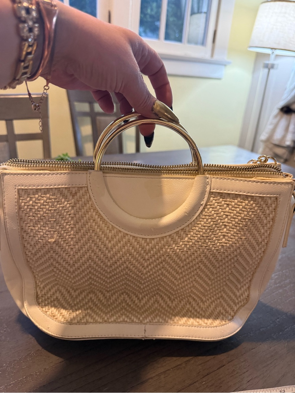 Cream Woven Satchel Crossbody Bag with Gold Ring Handles